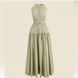 J. Crew Tie Waist Halter Midi Dress Pale Surplus Green A Line Tiered XS